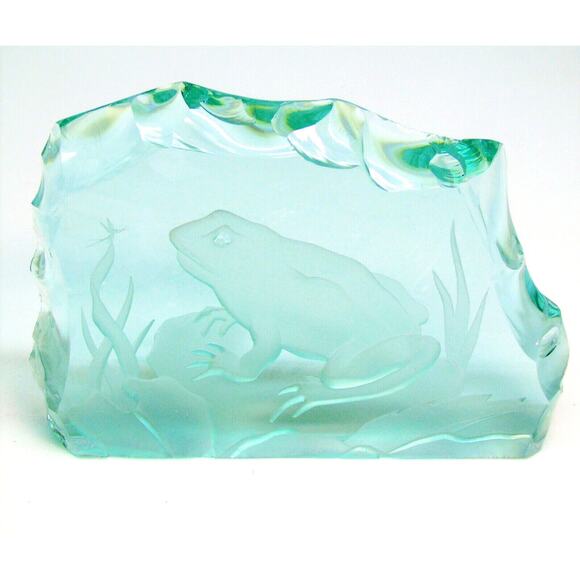 Etched Art Glass Frog & Bug Pond Artist Signed Scrivner Plaque Paperweight Decor - Picture 2 of 9